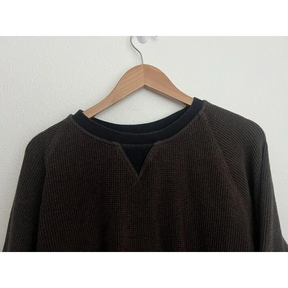 LL Bean Signature Shirt Men XL 2 Tone Brown Waffle Thermal Crew Cotton Thick
